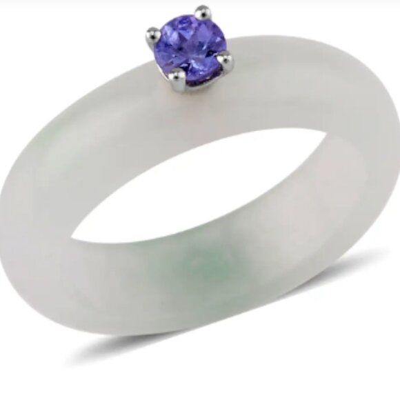 Unique Natural Jade and Tanzanite Band Ring - Picture 3 of 5